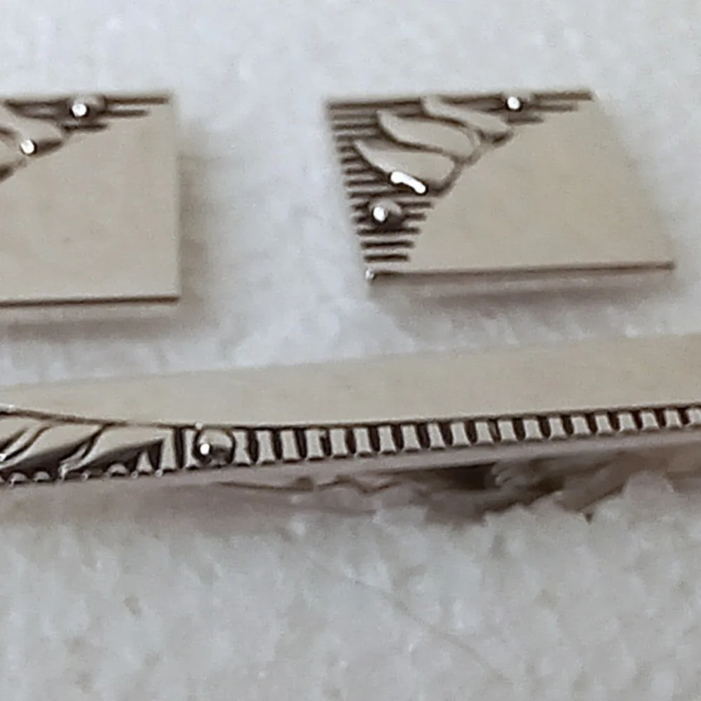 Silver Cufflinks and Tie Clip Set Vintage SWANK Sculpted Graphic Mid-Century
